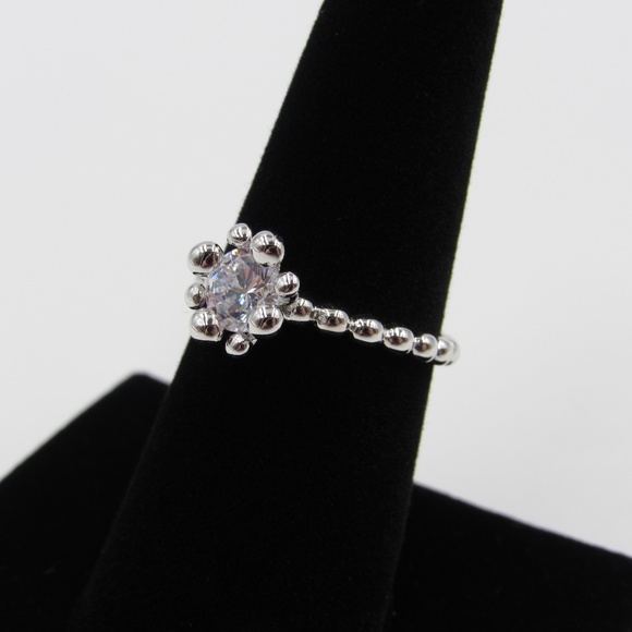 Sterling Silver Beaded Band Clear CZ Diamond Ring - Picture 2 of 5